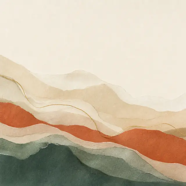 Illustration: geschichtete Papierstrata in Creme und Terracotta, durchzogen von einem goldenen Faden