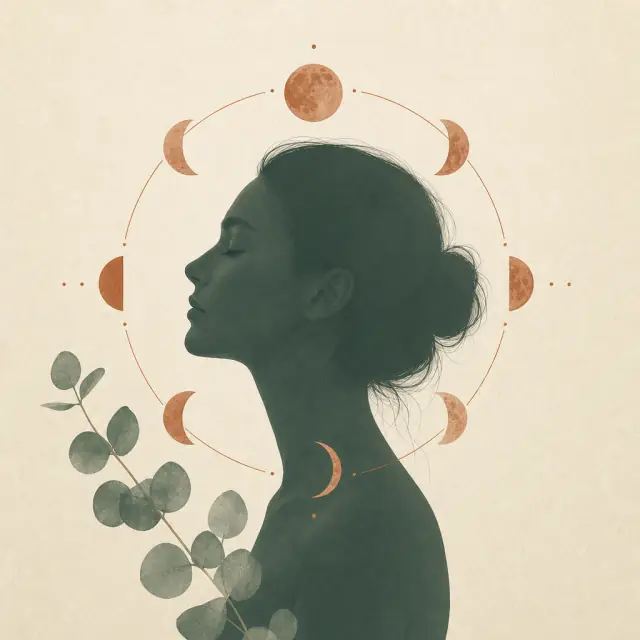 Illustration: weibliche Silhouette im Profil, umkreist von Mondphasen in Terracotta