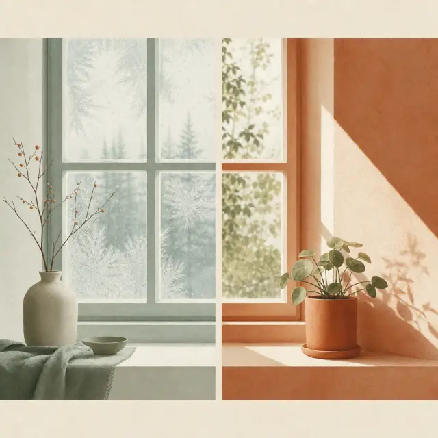 Illustration: ein Fenster in zwei Hälften — links frostiger Winter, rechts warmer Sommer